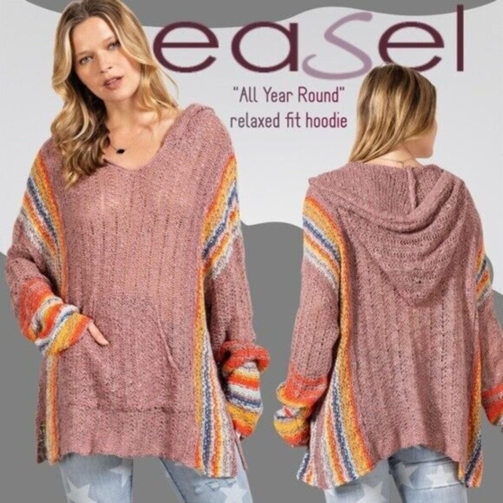 EASEL Tunic-Like V-Neck Lightweight Open Knit Sweater Top Hoodie Kangaroo Pocket